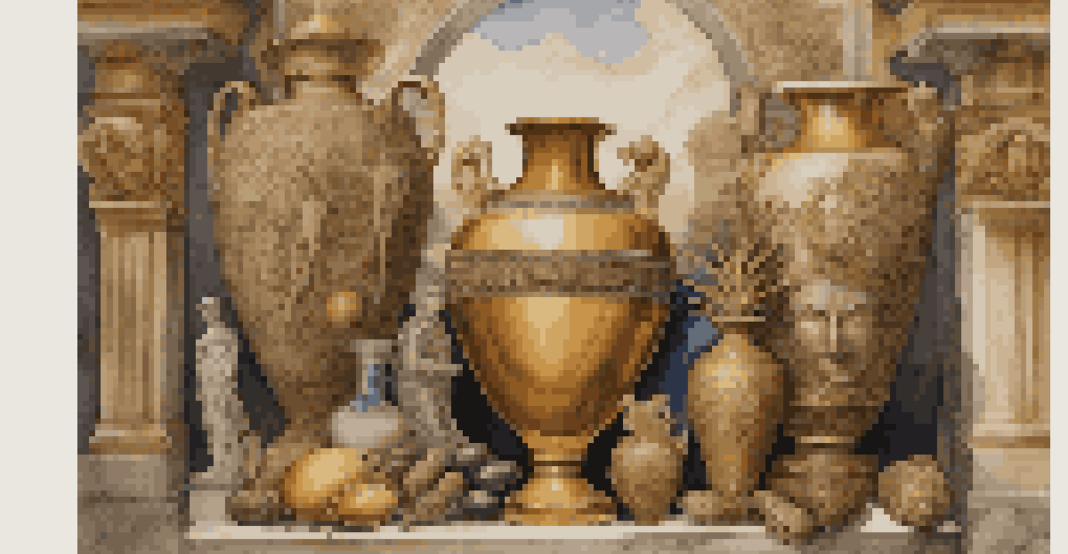 A still life of ancient mythological artifacts, including a golden laurel wreath, a marble statue, and an amphora, set against a richly decorated tapestry.