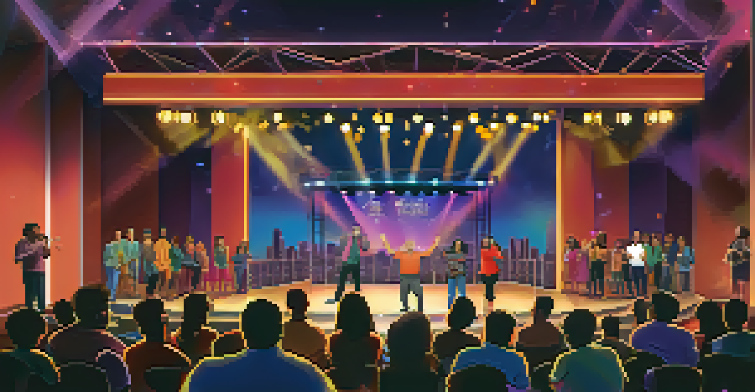 A comedian with a disability performing stand-up on stage, with a diverse audience laughing and enjoying the show.