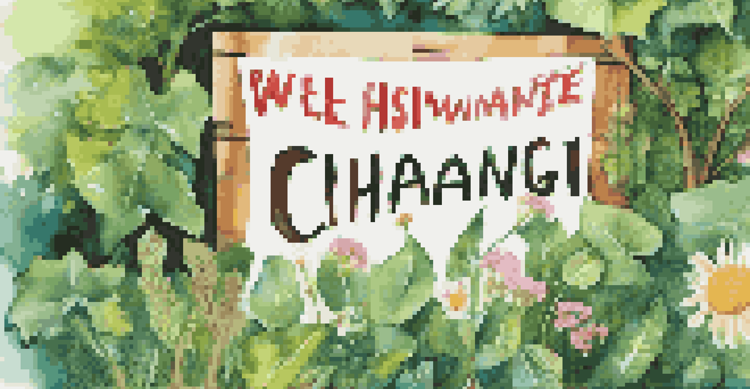 A close-up of a colorful protest sign made from recycled materials surrounded by greenery, advocating for climate change awareness.