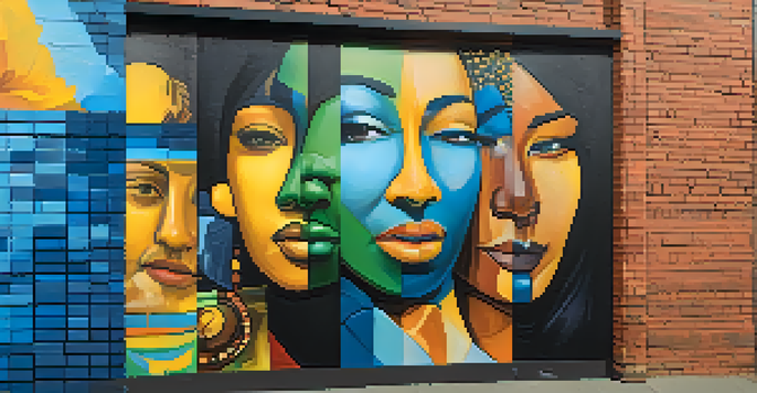 A colorful street art mural showcasing faces from different cultures on a brick wall, illuminated by soft sunlight.