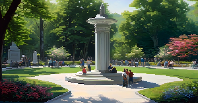 A serene outdoor memorial with a large sculpture and people reflecting in a green park.