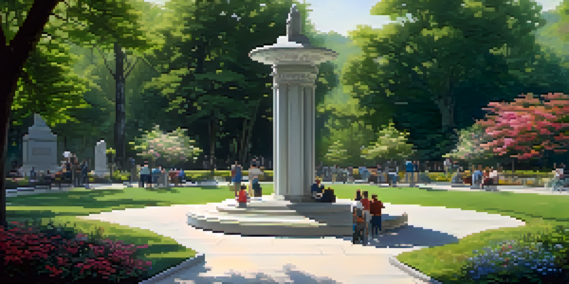 A serene outdoor memorial with a large sculpture and people reflecting in a green park.