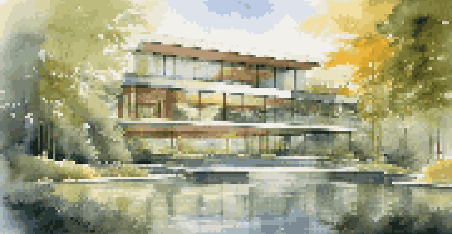 A modern building surrounded by nature, with glass windows reflecting trees and a water feature.