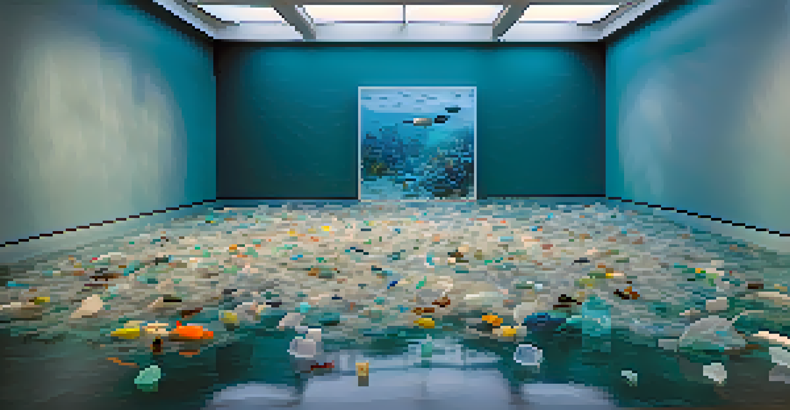 An art installation showcasing plastic debris in a glass container to raise awareness about ocean pollution.
