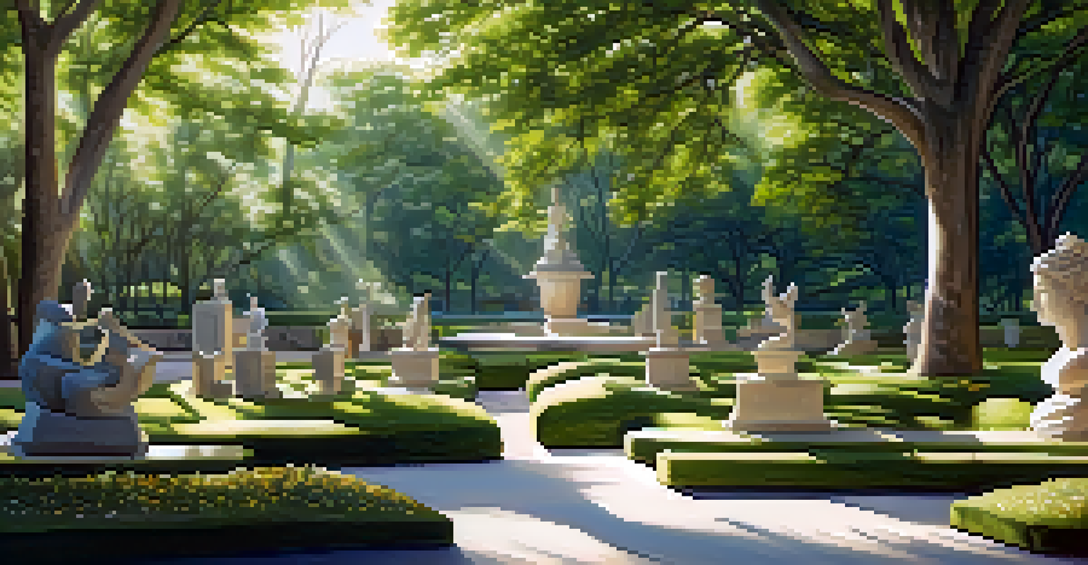 A peaceful park scene with eco-friendly sculptures surrounded by greenery and colorful flowers, illuminated by soft sunlight.