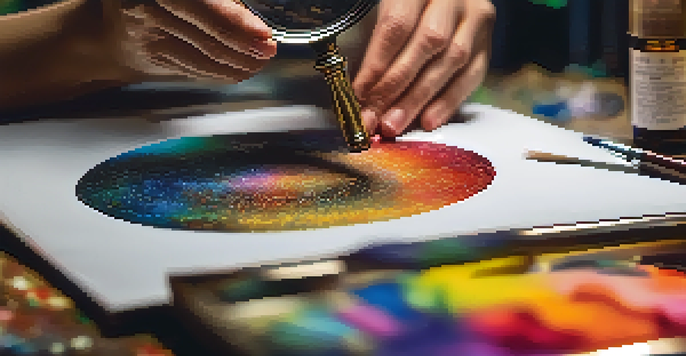 A close-up view of an art forgery being examined, with a magnifying glass highlighting the vibrant colors and textures of the painting under bright lights.