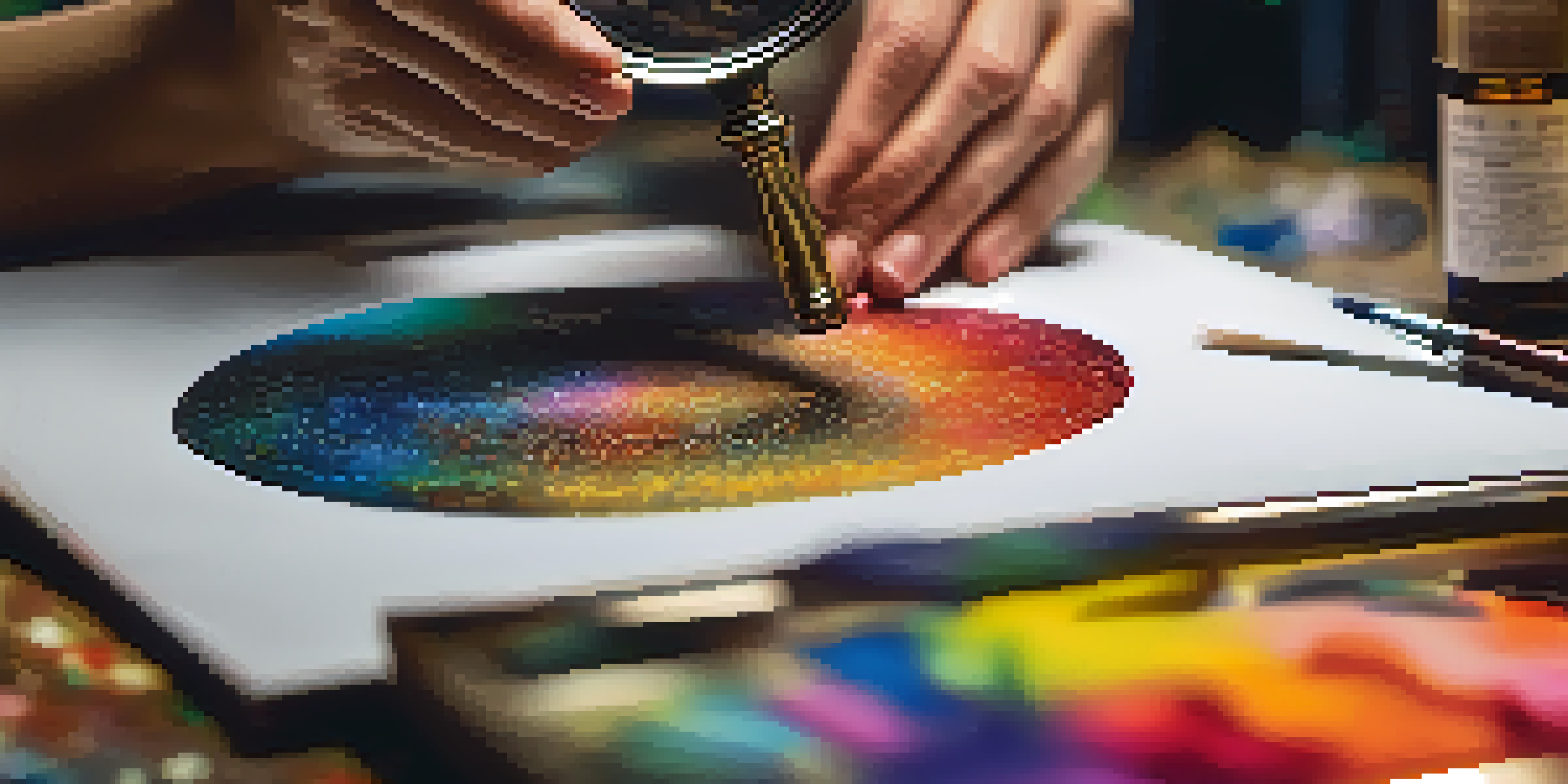A close-up view of an art forgery being examined, with a magnifying glass highlighting the vibrant colors and textures of the painting under bright lights.