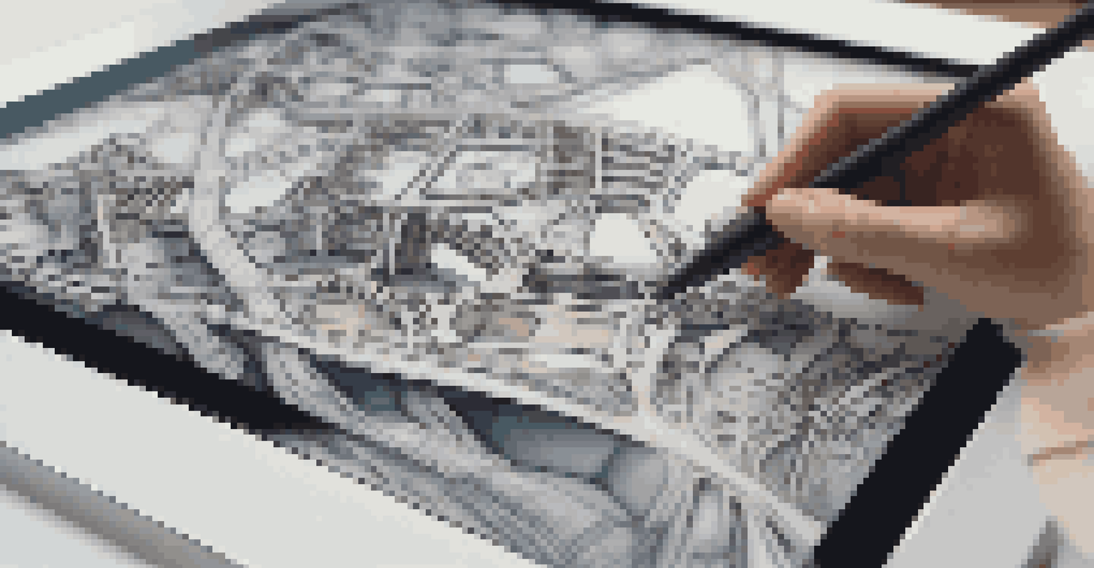 A close-up image of hands using a digital tablet to design a sculpture, with a 3D printer in the background.