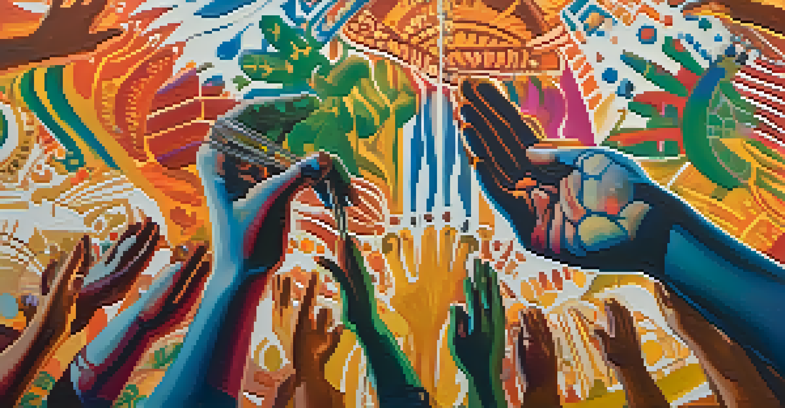 An artist's hands creating a colorful mural celebrating cultural heritage with intricate patterns in the background.
