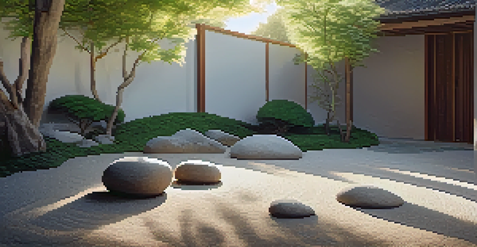 A tranquil Zen garden with raked gravel, smooth stones, and lush plants illuminated by soft sunlight.