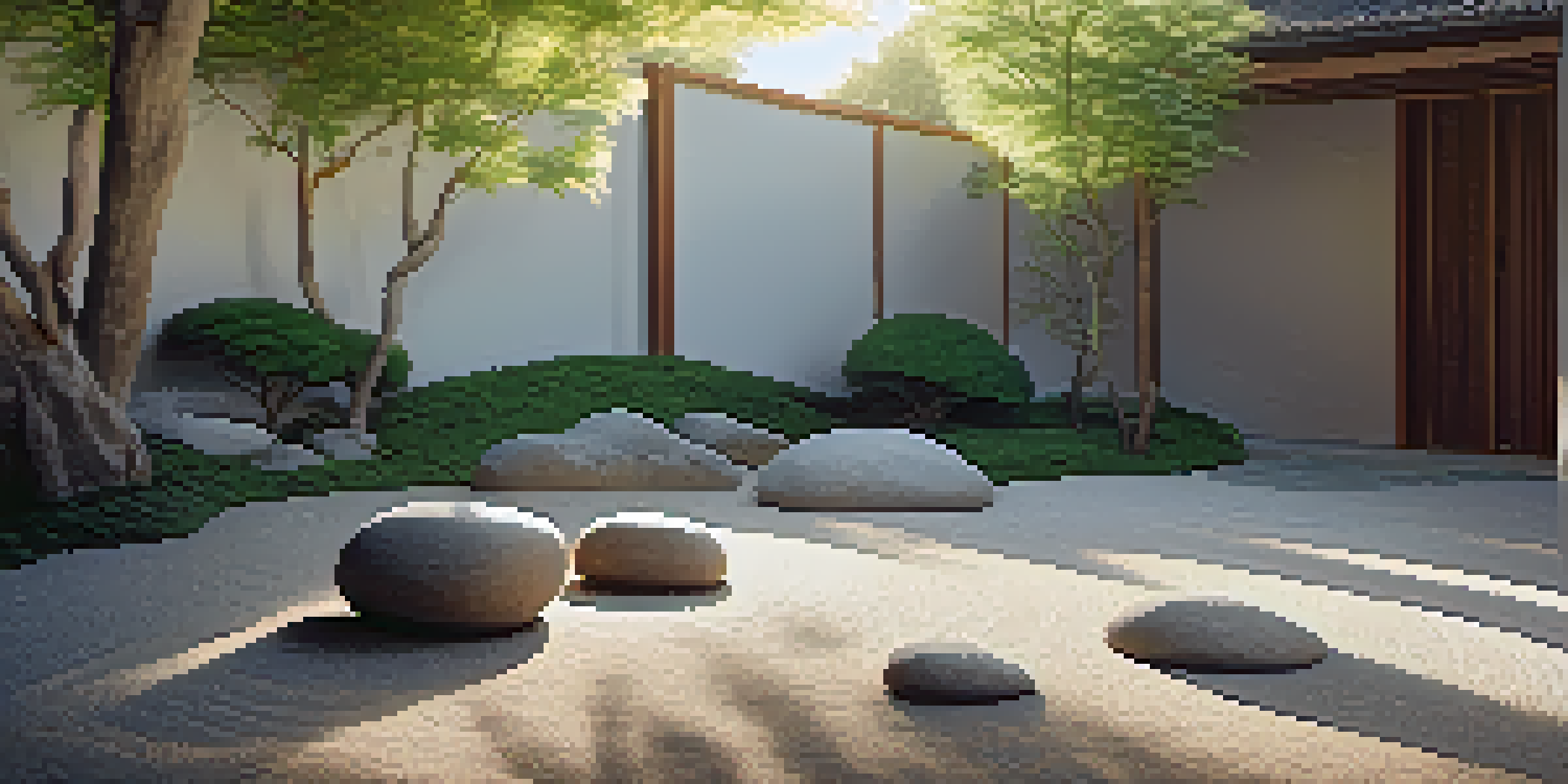 A tranquil Zen garden with raked gravel, smooth stones, and lush plants illuminated by soft sunlight.