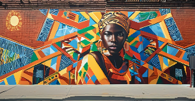 A colorful street art mural combining African and European influences, displayed on a brick wall under sunlight.