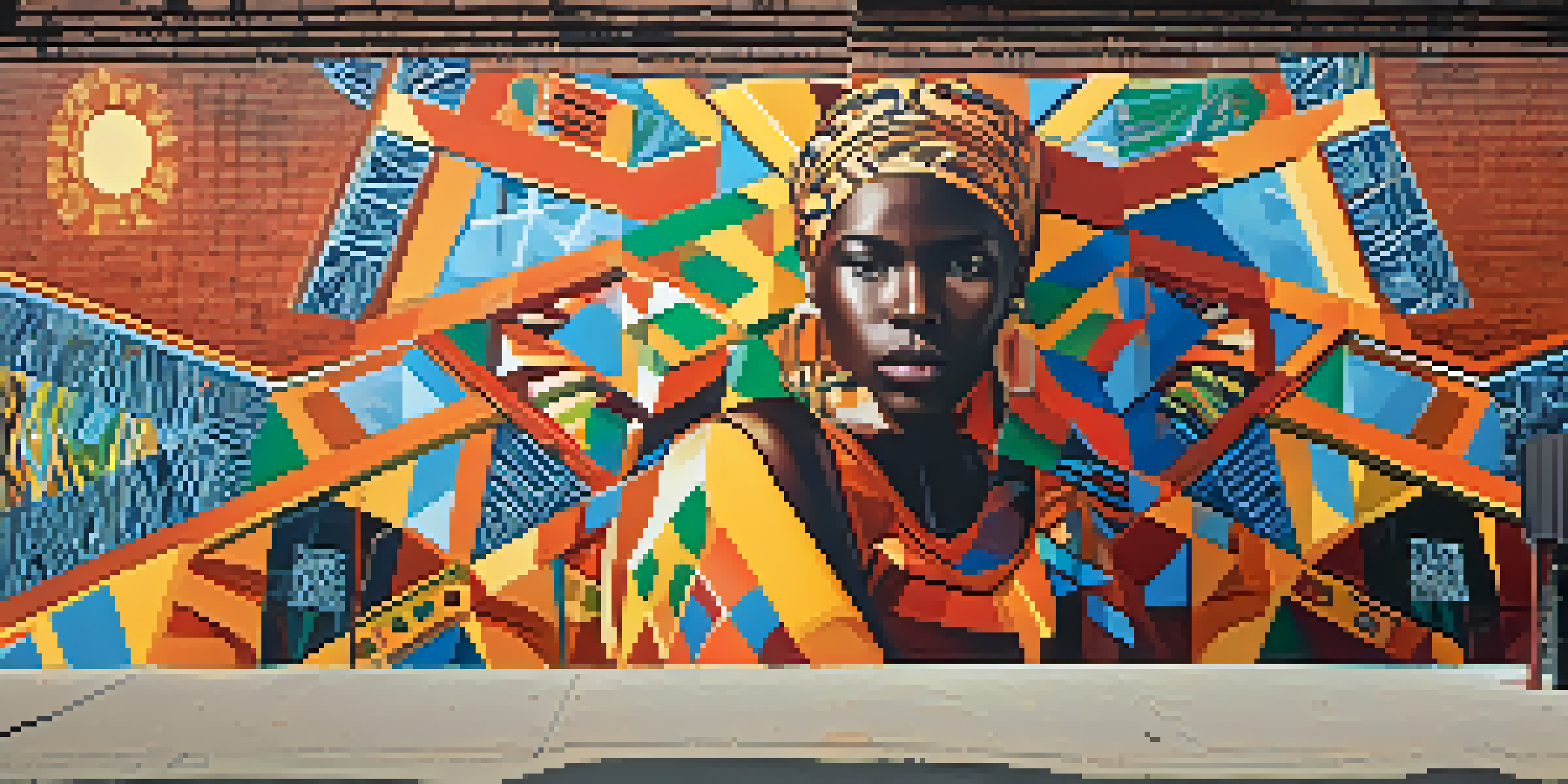 A colorful street art mural combining African and European influences, displayed on a brick wall under sunlight.