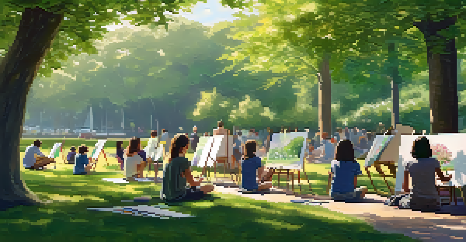 An outdoor art workshop with students painting landscapes in a beautiful park filled with flowers and greenery.