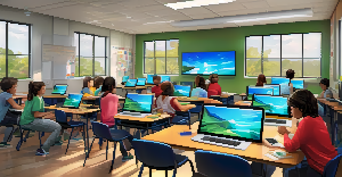 A lively digital art classroom with students engaged in creating art on tablets and computers, illuminated by natural light from large windows.