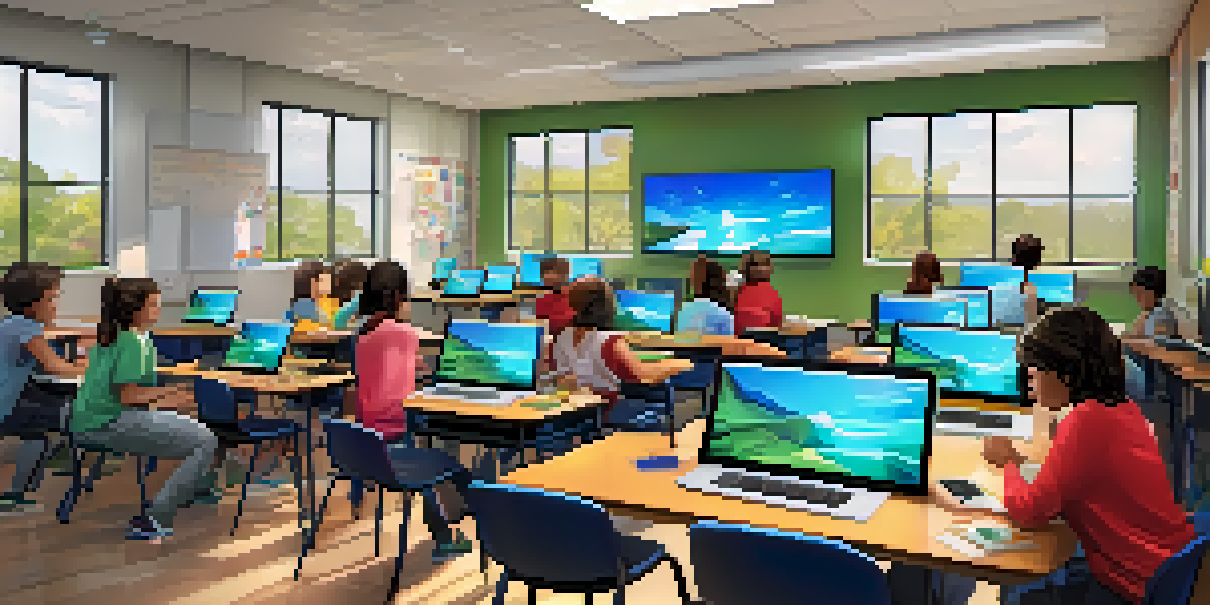 A lively digital art classroom with students engaged in creating art on tablets and computers, illuminated by natural light from large windows.