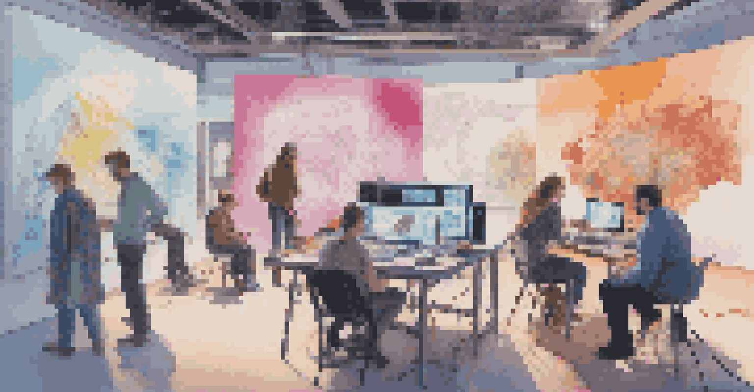 An artistic studio scene where artists are creating digital installations, surrounded by screens and tools in a well-lit environment.
