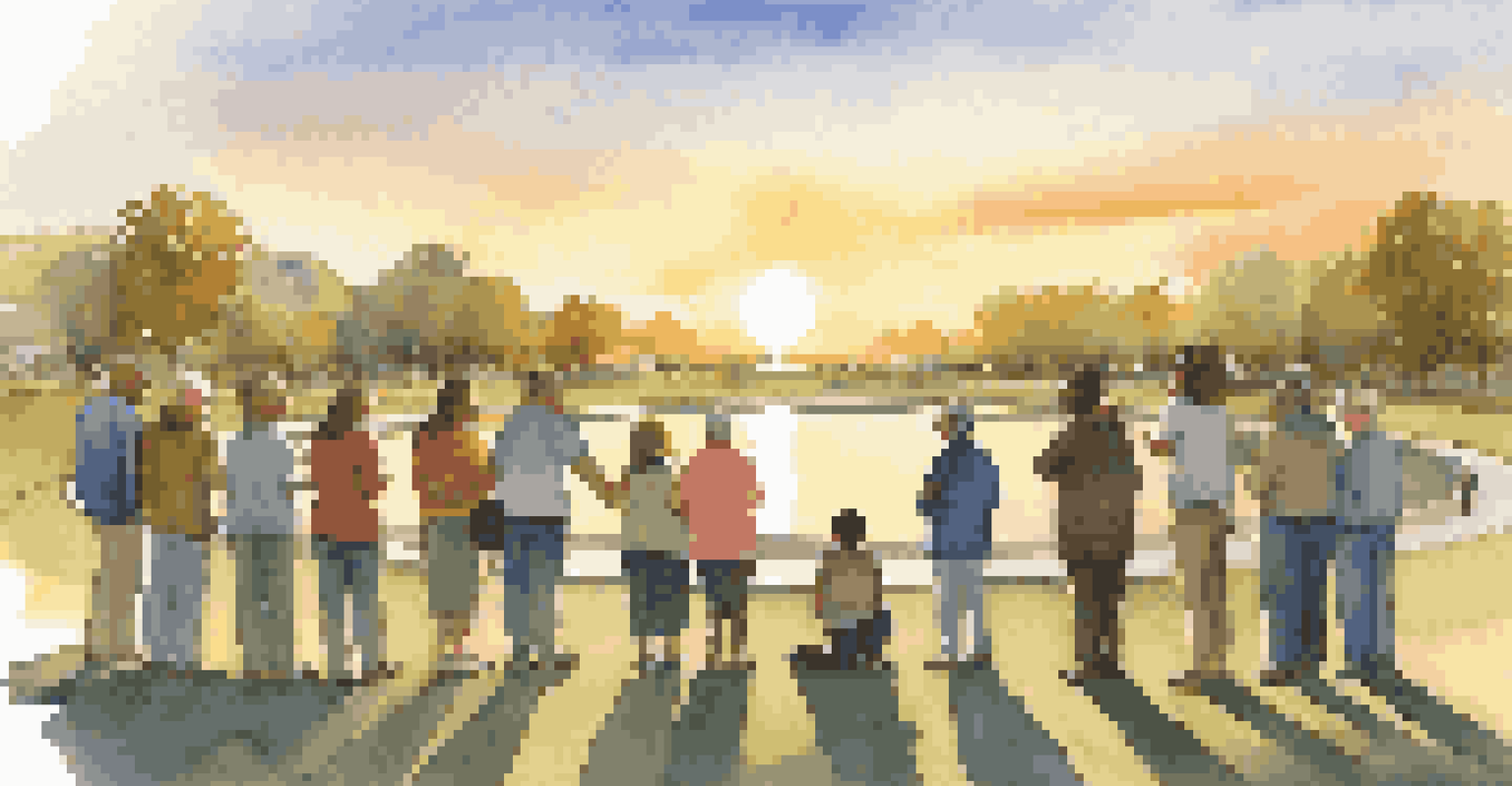 A community group discussing around a large sculpture symbolizing unity, with a sunset creating a warm ambiance in the background.