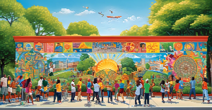 A colorful mural showing diverse people working together in a park, promoting health and community.