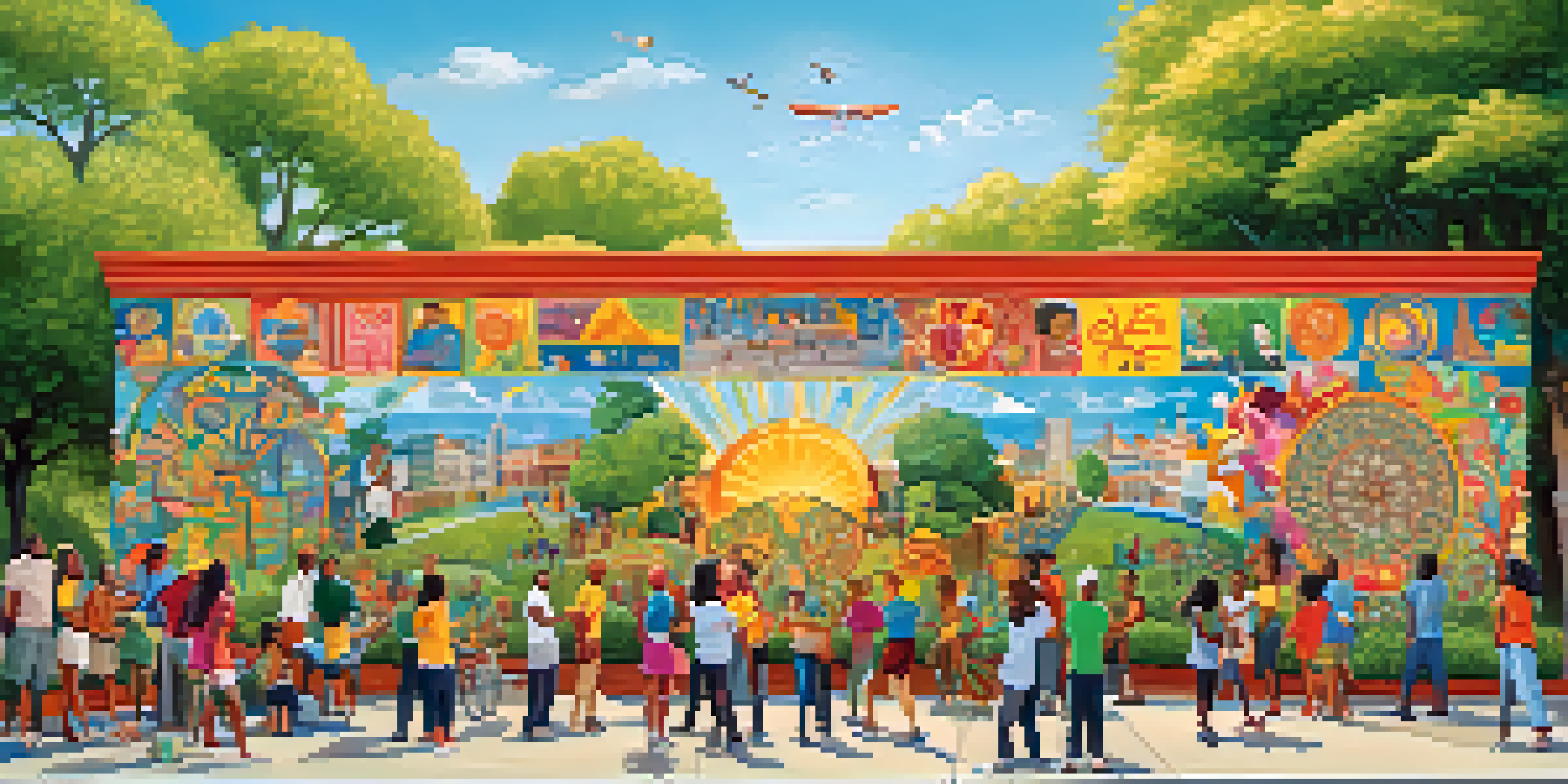 A colorful mural showing diverse people working together in a park, promoting health and community.