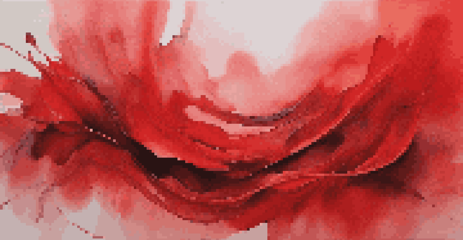 An abstract art piece in shades of red, showcasing dynamic strokes and varying textures.