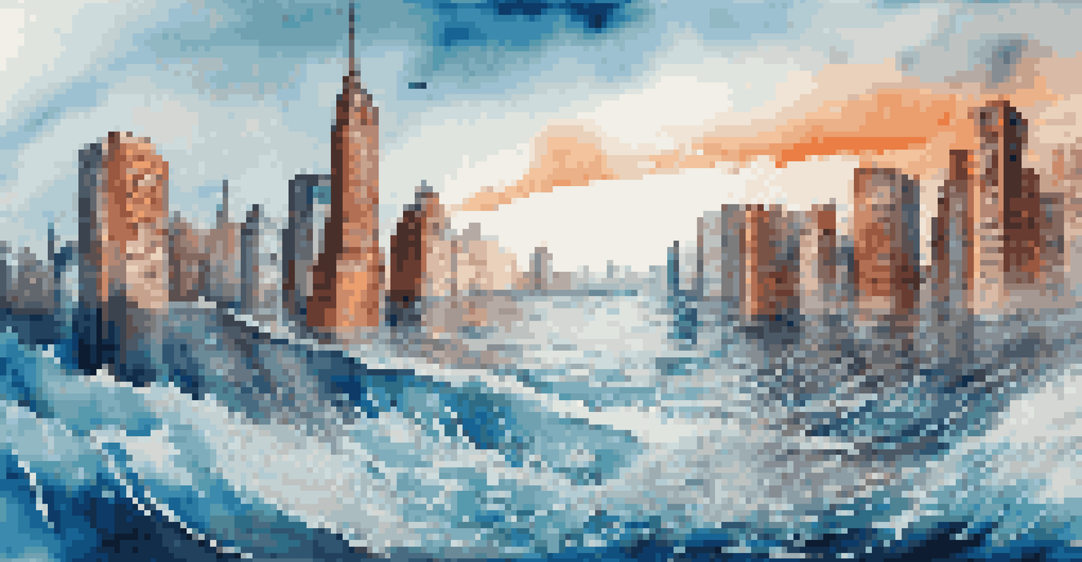 A digital art installation depicting a city under rising sea levels, with buildings partially submerged in water and vibrant aquatic life.