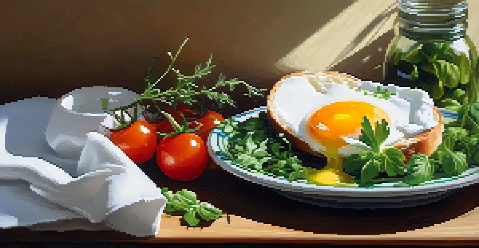 Fresh herbs, a poached egg, cherry tomatoes, and a slice of bread arranged on a wooden table, illuminated by sunlight.