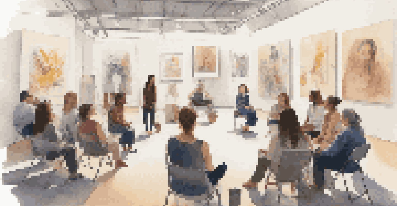 A female curator leading a workshop discussion about gender representation in a bright, intimate setting with diverse participants.