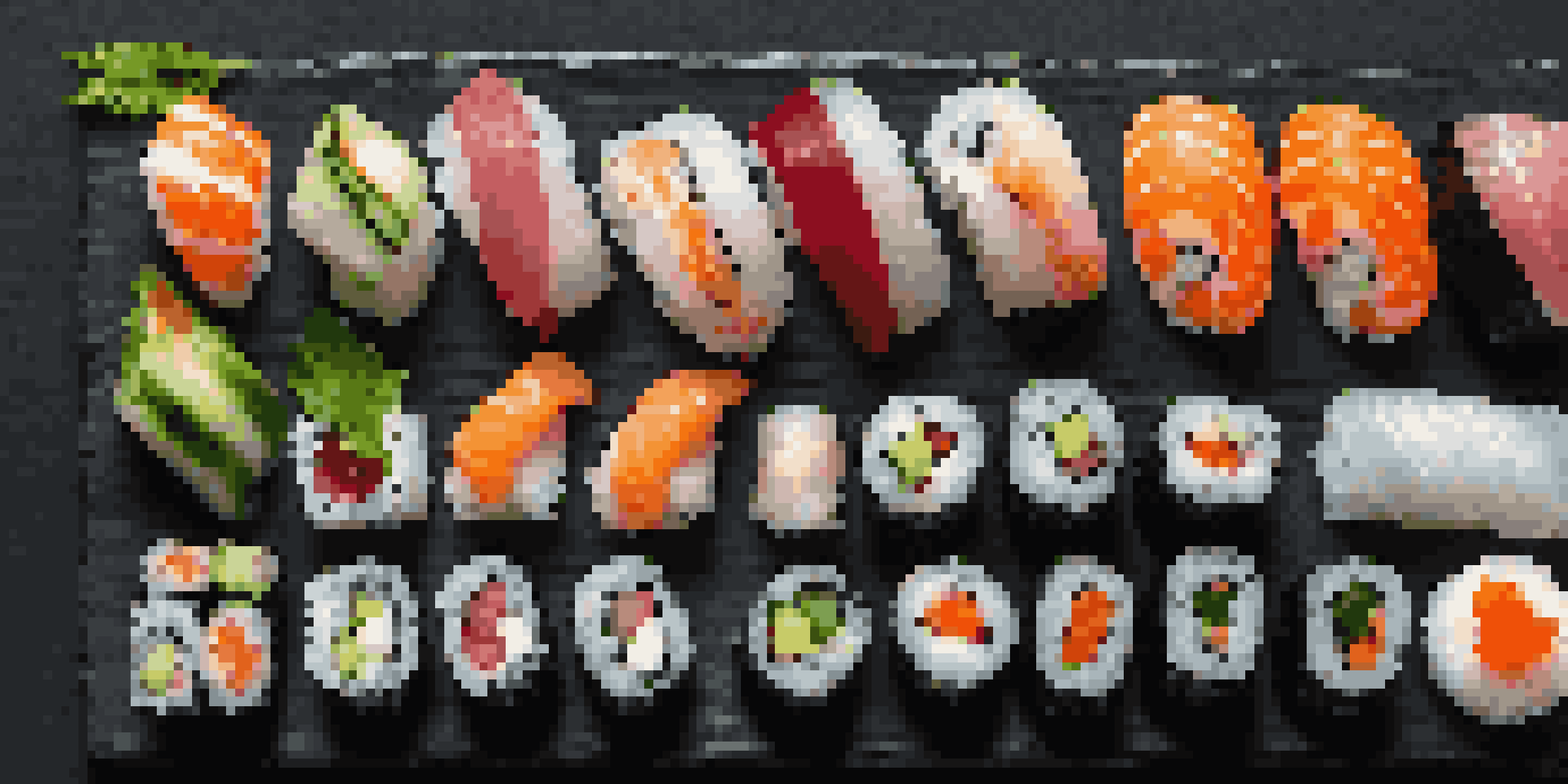 A sushi platter with various colorful sushi rolls on a dark plate, garnished with herbs.