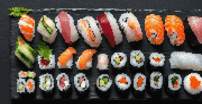 A sushi platter with various colorful sushi rolls on a dark plate, garnished with herbs.