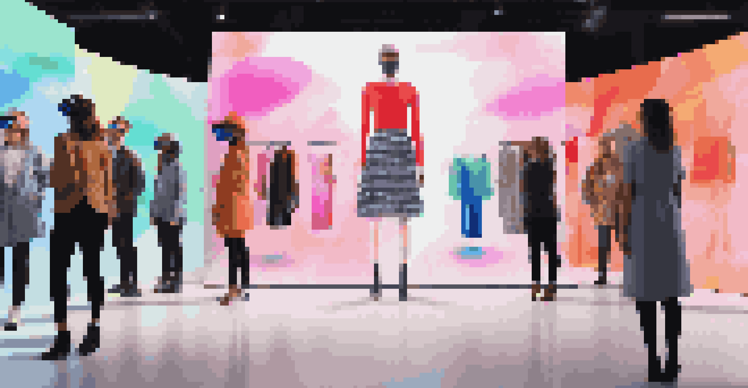 An interactive digital fashion showcase with users trying on virtual outfits against a backdrop of modern art installations.