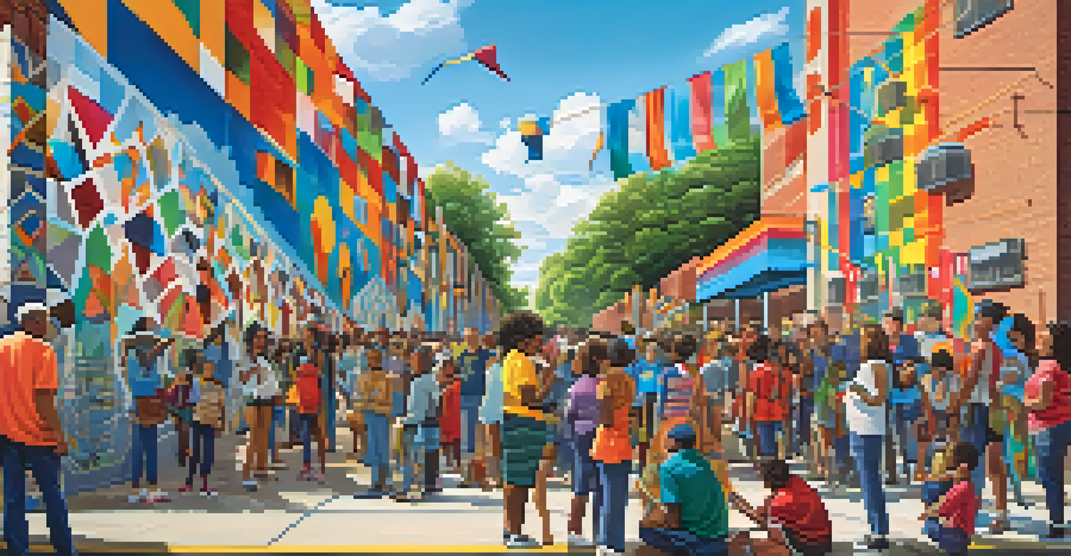 A group of people painting a colorful mural in an urban area, symbolizing community unity.