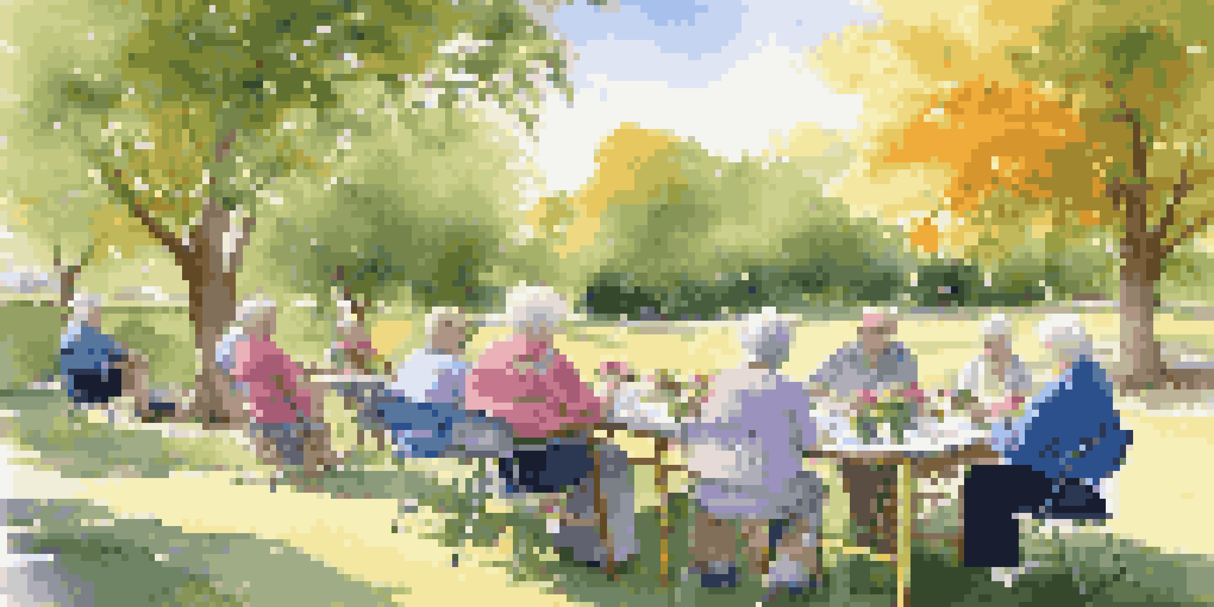 Elderly individuals engaged in an outdoor art class, painting landscapes under warm sunlight, surrounded by nature.
