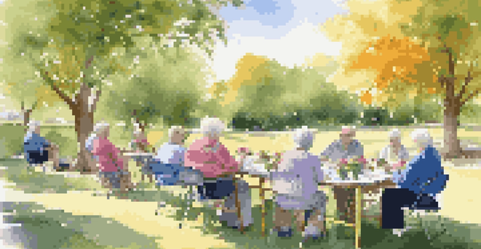 Elderly individuals engaged in an outdoor art class, painting landscapes under warm sunlight, surrounded by nature.