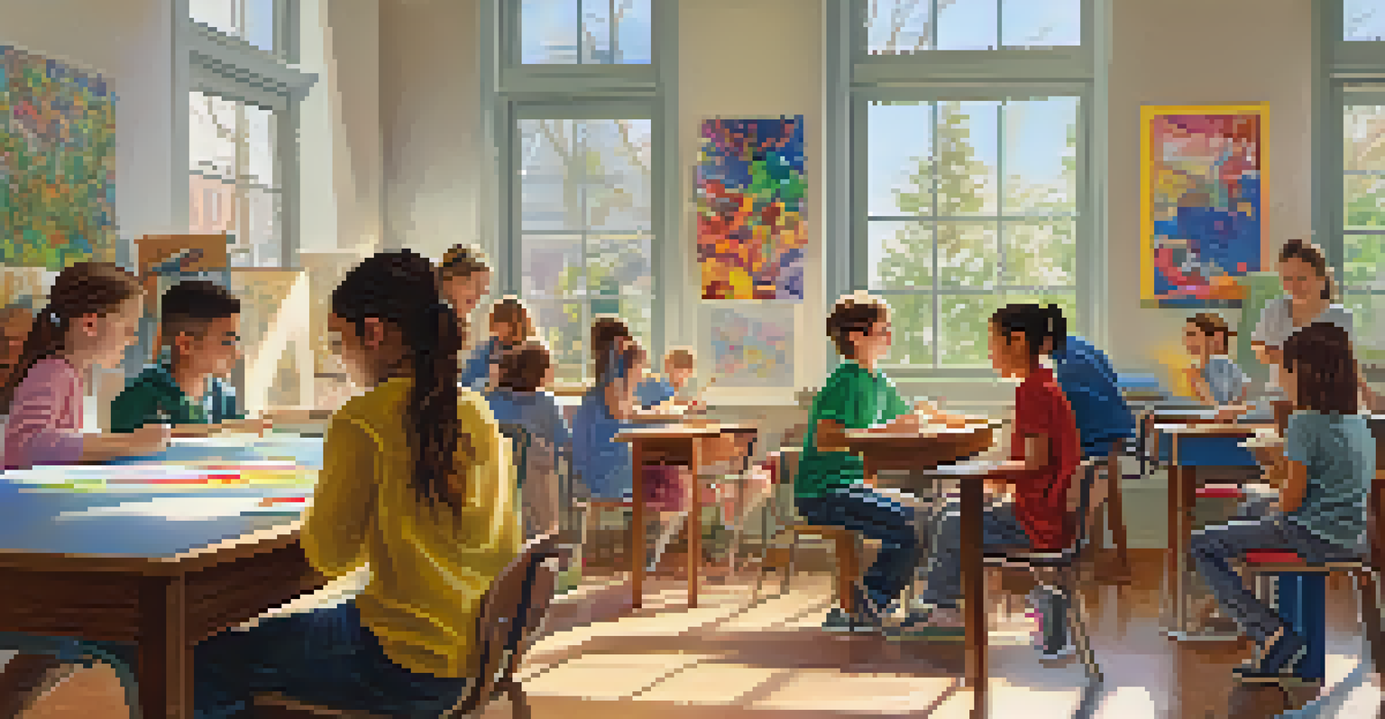 An art classroom with students of different ages drawing spontaneously, surrounded by colorful student artwork and a lively atmosphere.