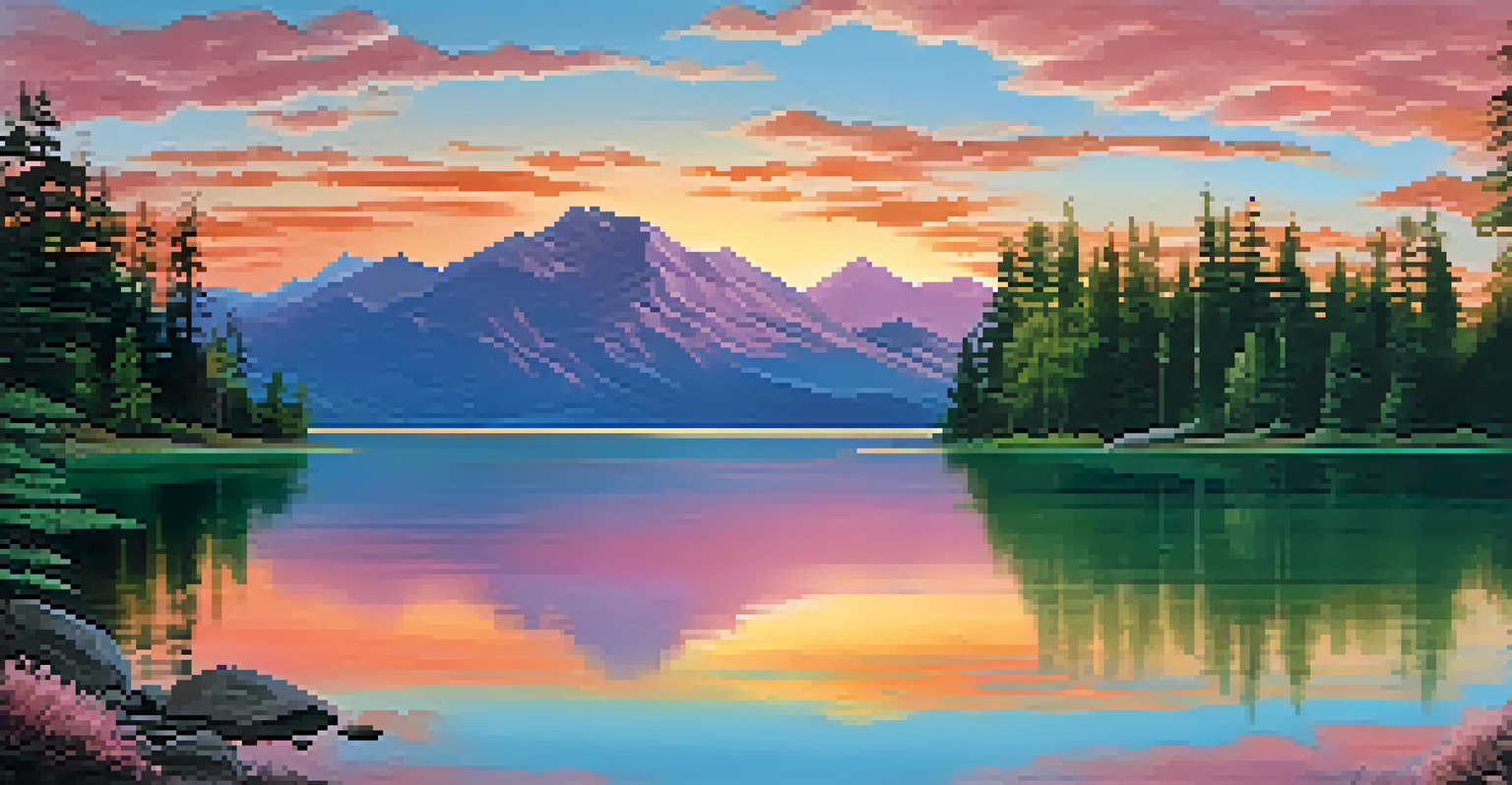 A landscape painting combining traditional ink techniques and modern digital art, featuring a sunset over a mountain lake.