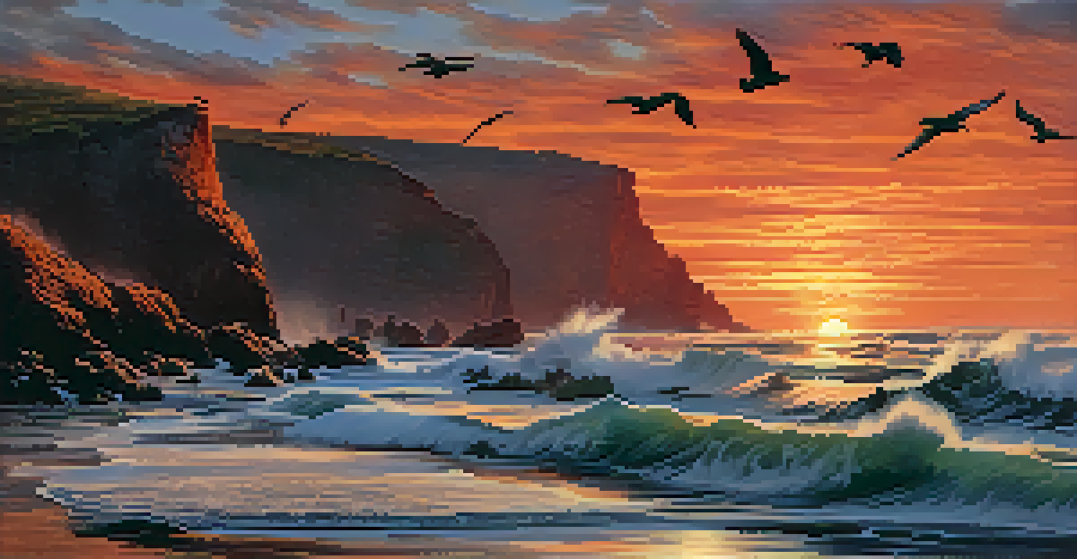 A striking coastal scene at sunset with waves, cliffs, and a colorful sky filled with flying seagulls.