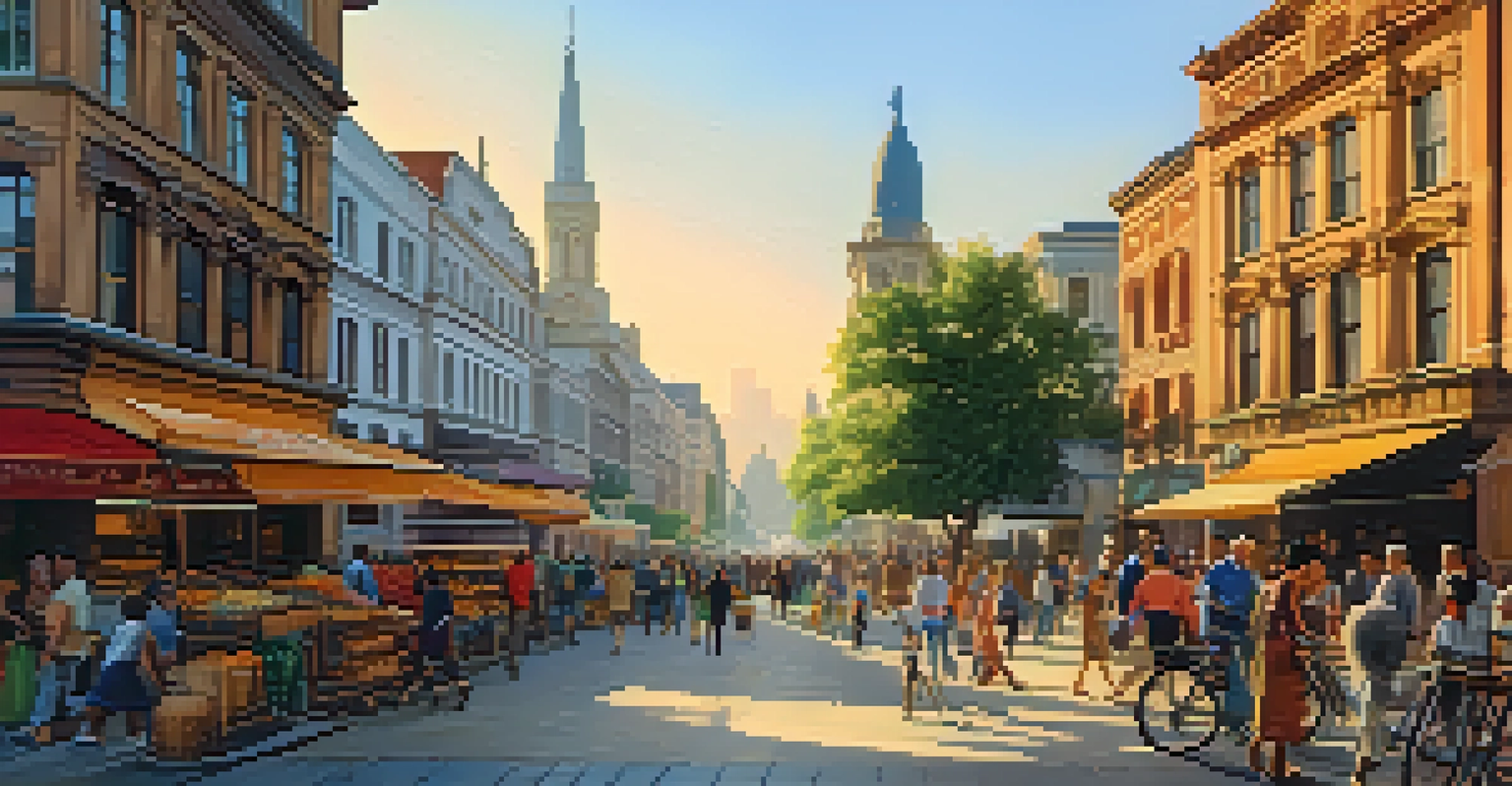 A vibrant urban street scene during golden hour with people, bicycles, and street vendors, illuminated by warm light.