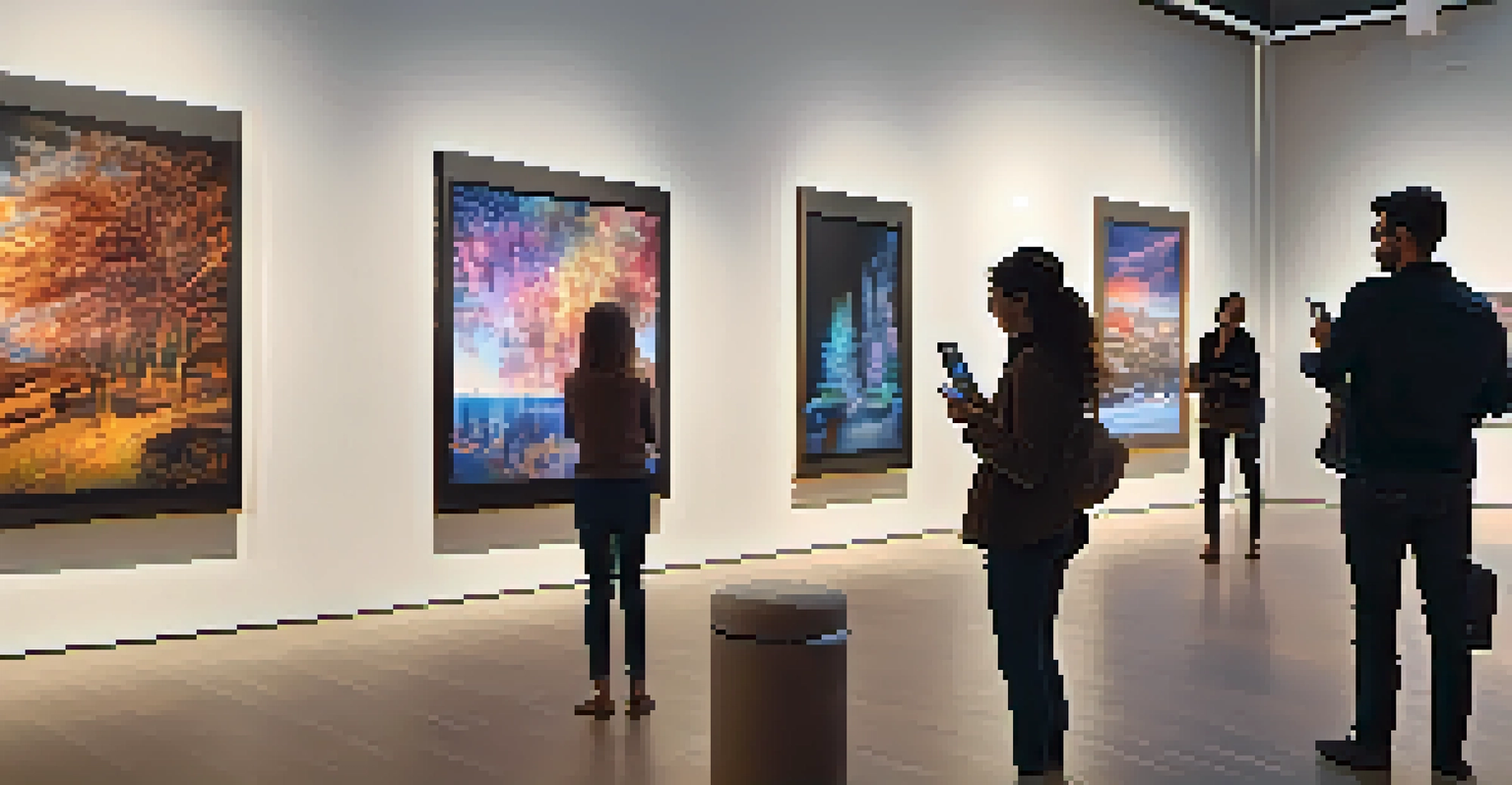 An interactive art exhibit where viewers engage with augmented reality features enhancing traditional artworks in a warmly lit gallery.