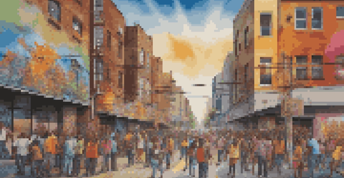 A colorful street art mural showcasing various cultural symbols and figures that symbolize unity and social change, illuminated by soft sunlight in an urban setting.