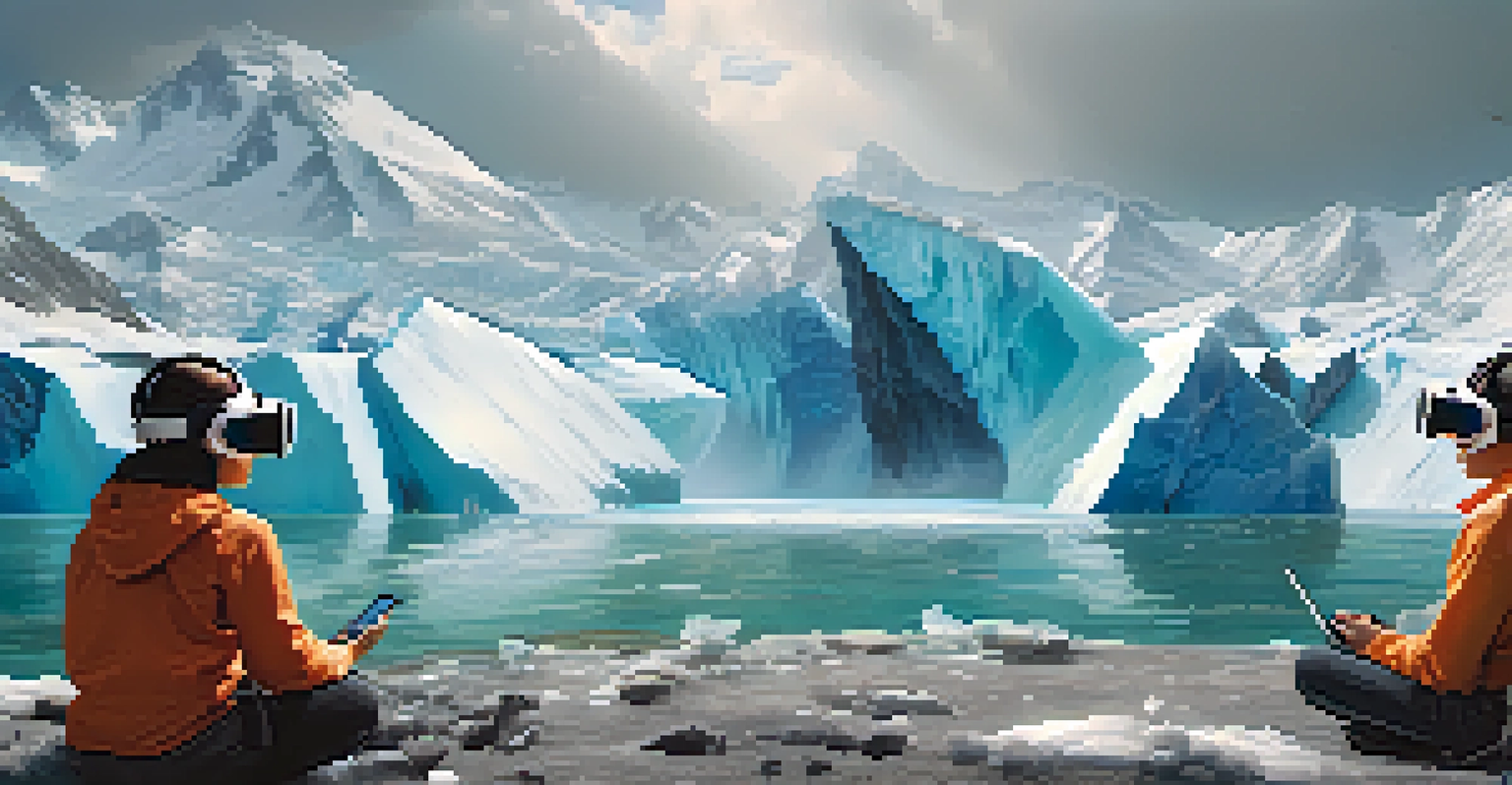 People wearing virtual reality headsets immersed in a digital landscape showing the effects of climate change with melting glaciers and rising sea levels.