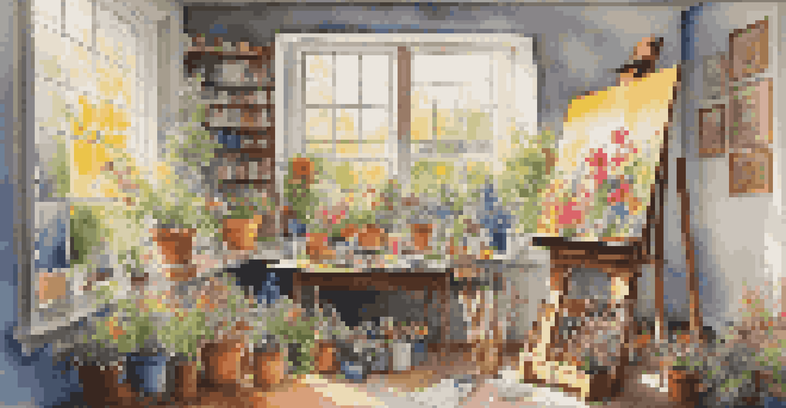 An artist's studio with colorful canvases, paint supplies, and a large easel with a blooming garden painting.