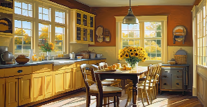 A warm and inviting kitchen with yellow and orange tones, a wooden dining table, sunflowers in a vase, and sunlight filtering through a window.