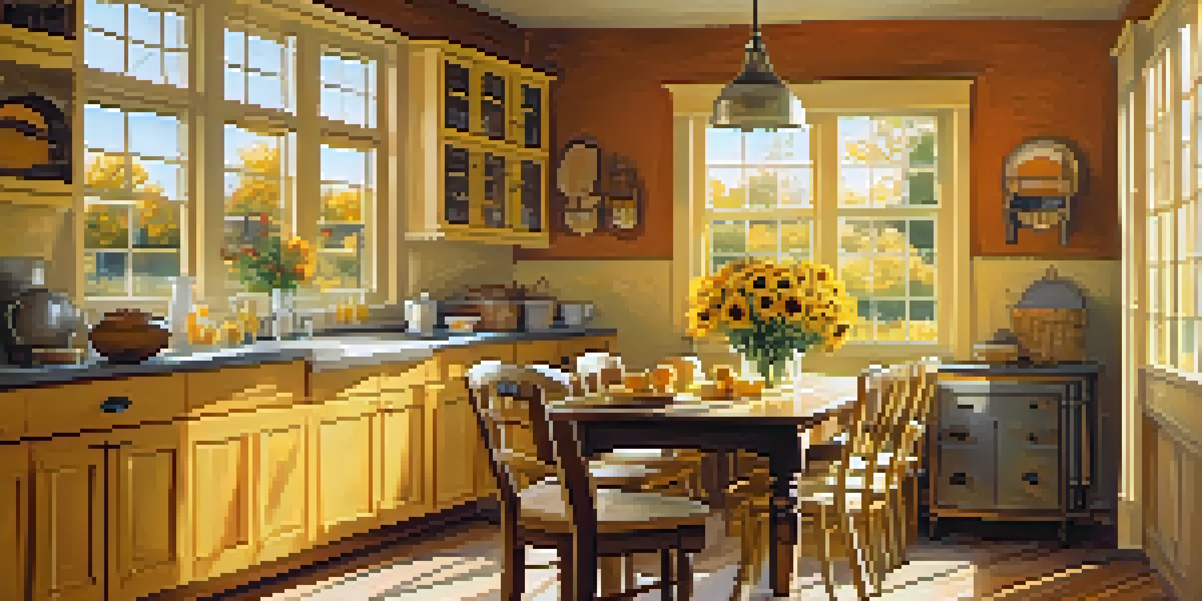 A warm and inviting kitchen with yellow and orange tones, a wooden dining table, sunflowers in a vase, and sunlight filtering through a window.