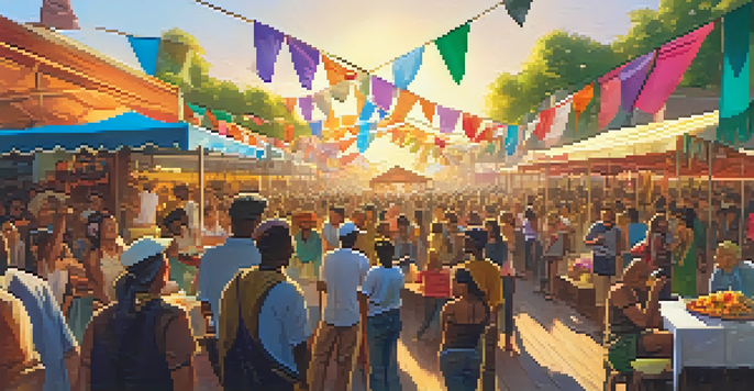 A lively outdoor festival with artists on stage and an engaged audience, decorated with colorful banners and food stalls in the background.