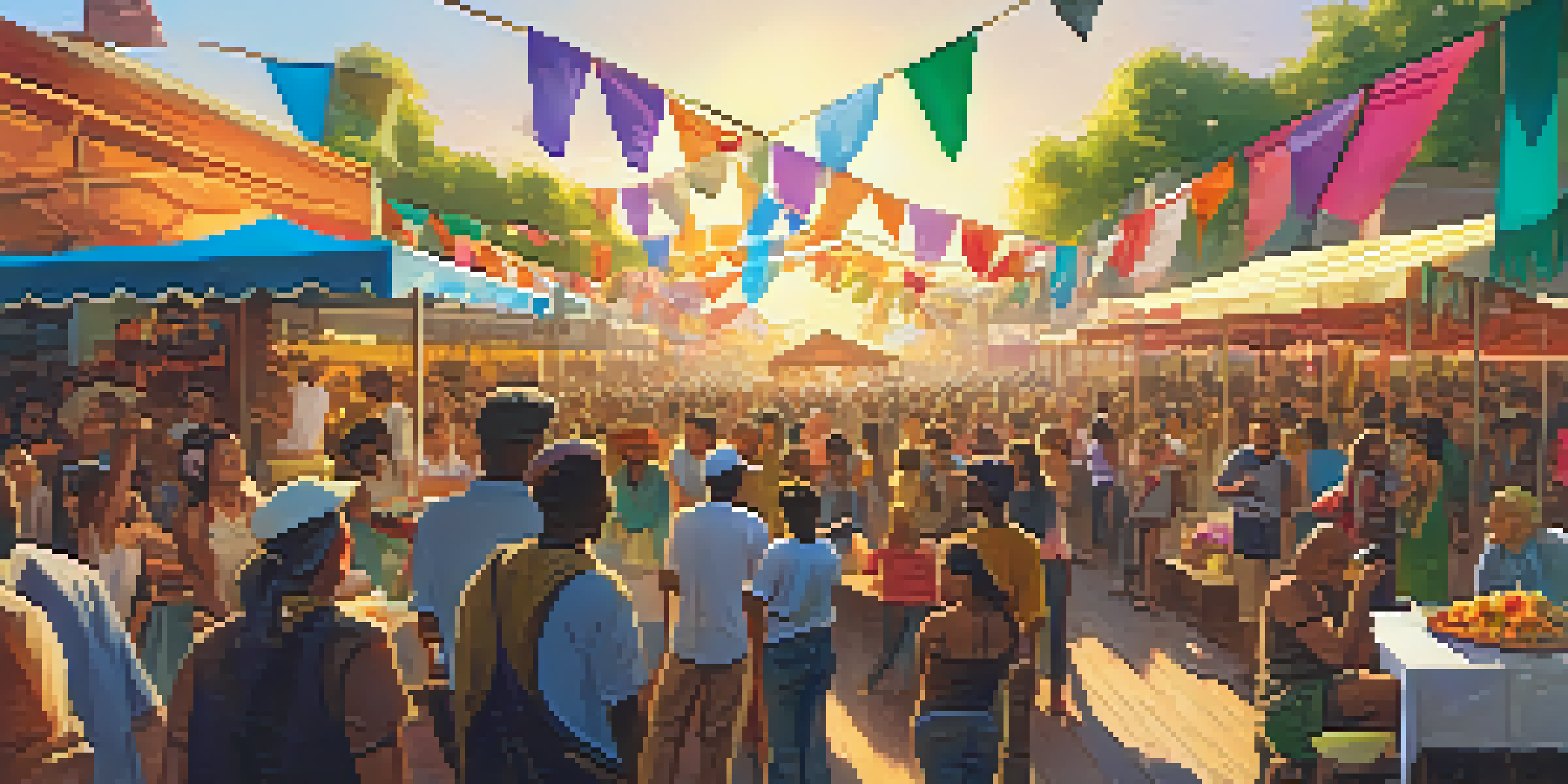 A lively outdoor festival with artists on stage and an engaged audience, decorated with colorful banners and food stalls in the background.
