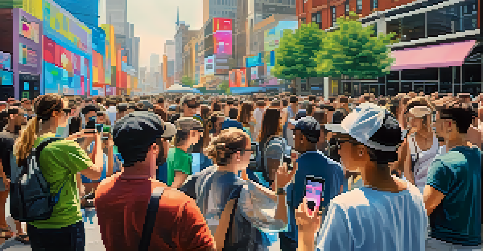 A vibrant outdoor performance art event with artists utilizing augmented reality technology, engaging a diverse audience in an urban environment.
