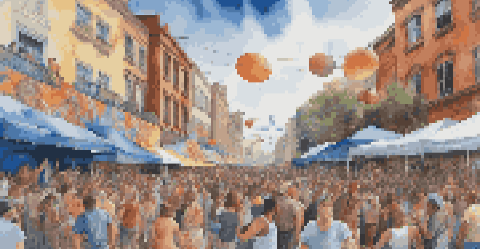 Artists painting murals at a street art festival with musicians performing in the background.