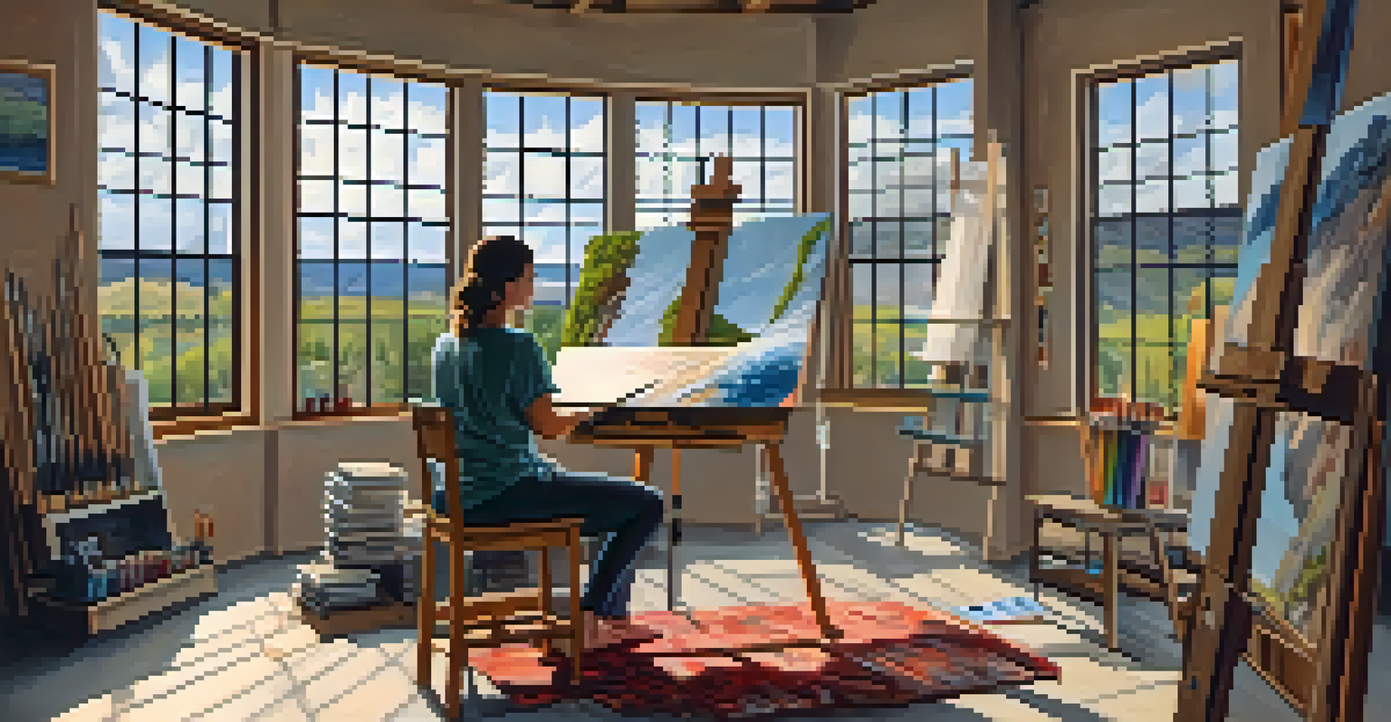 An artist in a cozy studio, painting a landscape with natural light streaming through a window.