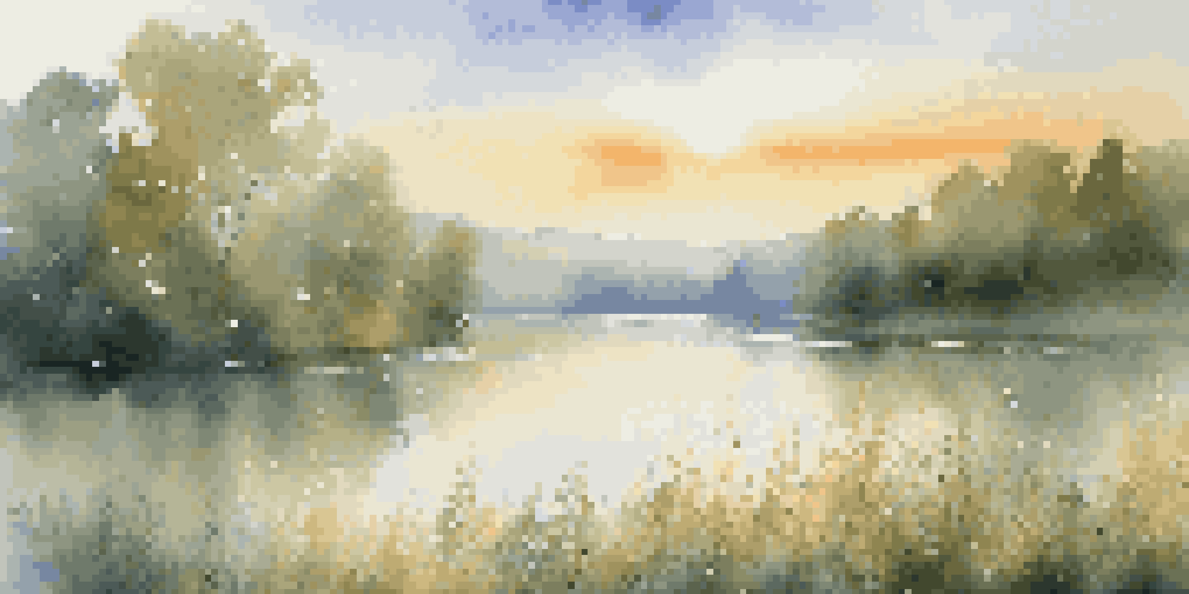 A peaceful lake scene with green trees and colorful wildflowers, illuminated by the morning sun.